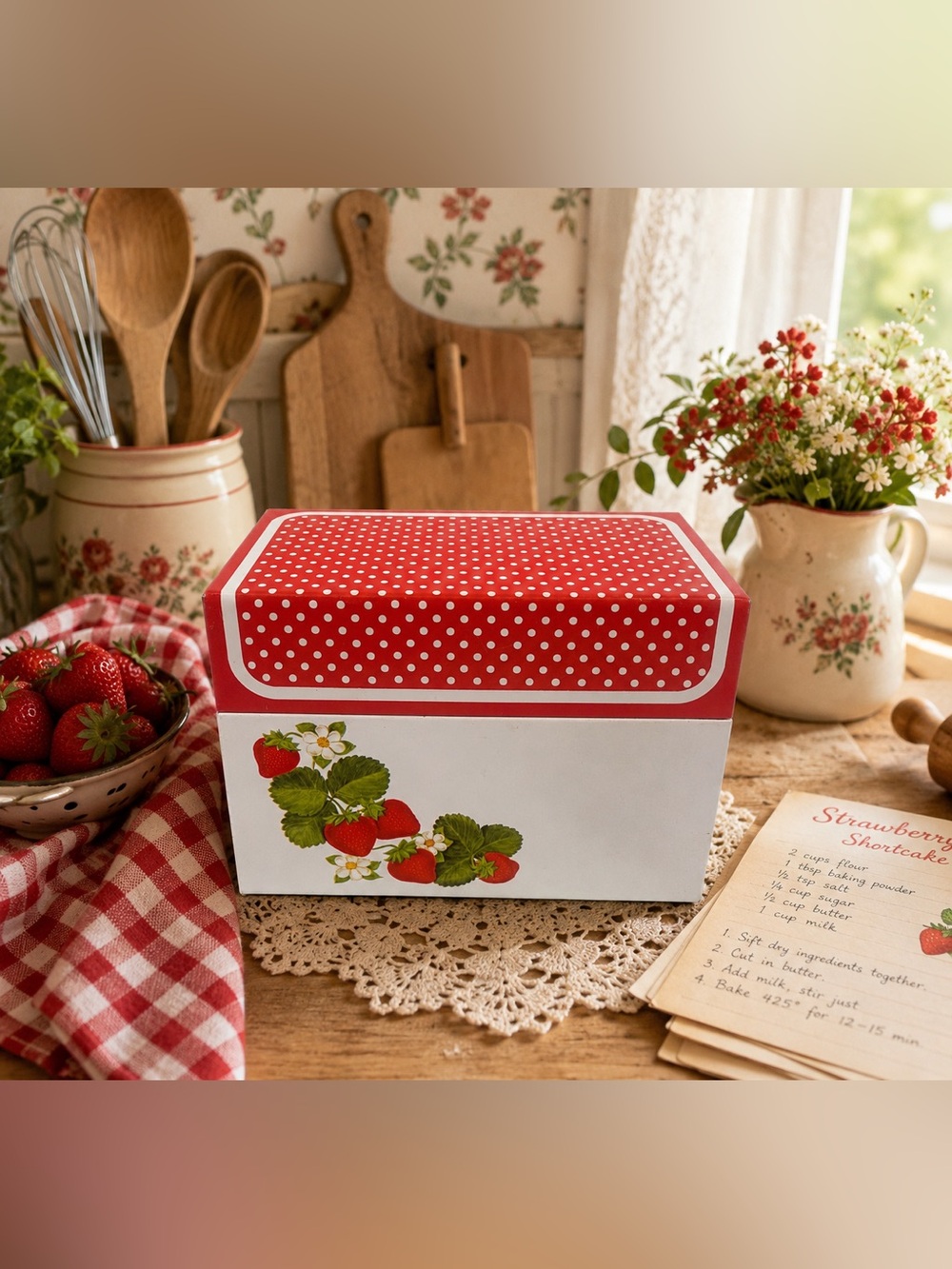Vintage Strawberry Metal Recipe Box Red White Polka Dot Cottagecore Kitchen Tin